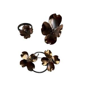 Stuart Nye Copper Dogwood Flower Jewelry Lot 2 Rings Brooch Vintage Sterling